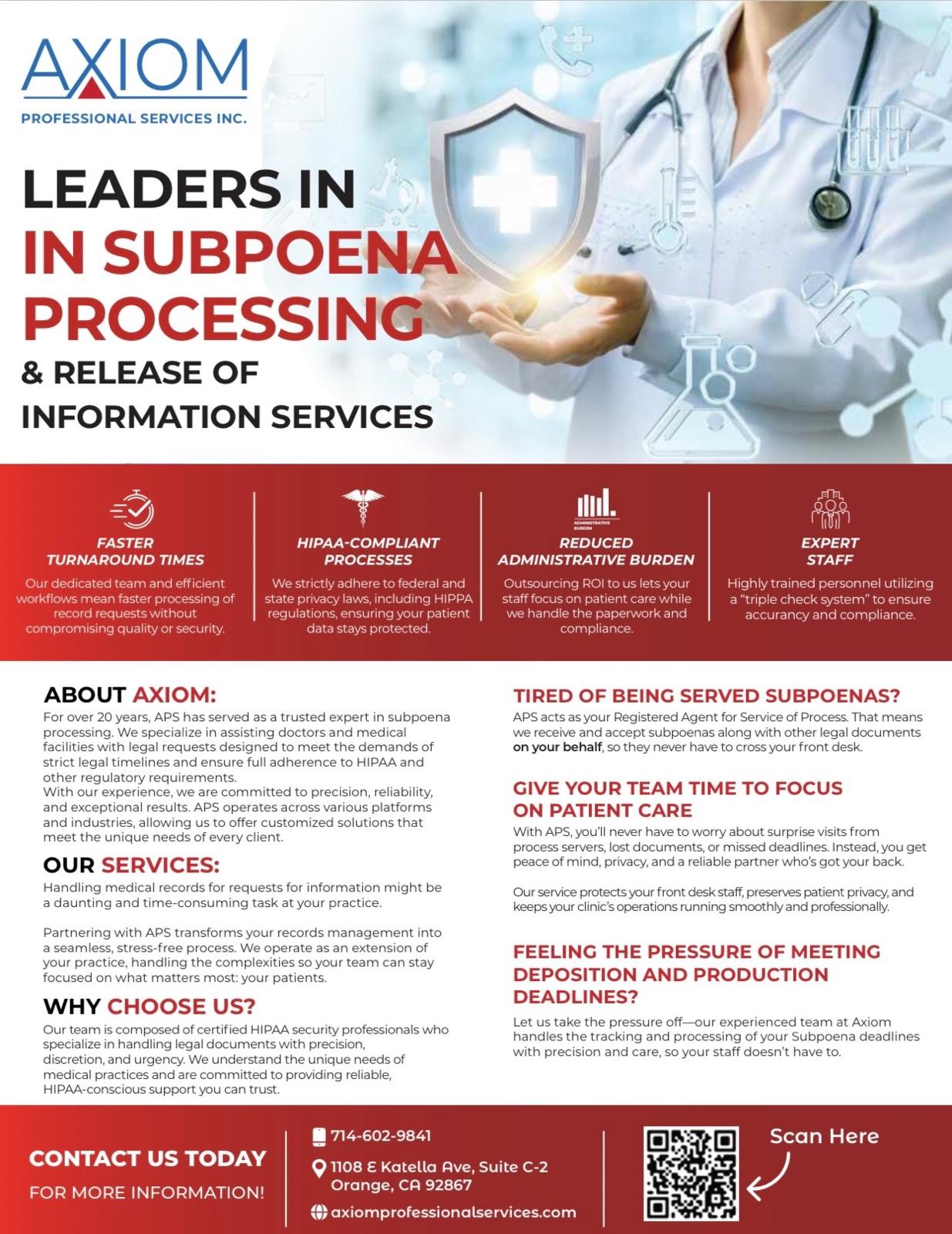 Axiom Professional Services brochure — leaders in subpoena processing and release of information services